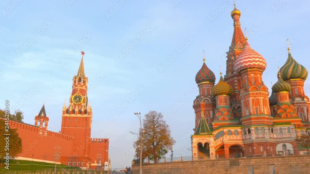 beautiful view of Kremlin and Saint Basil Cathedral in autumn, Moscow, Russia 4K UHD video beautiful view of Kremlin and Saint Basil Cathedral in autumn, Moscow, Russia 4K UHD video