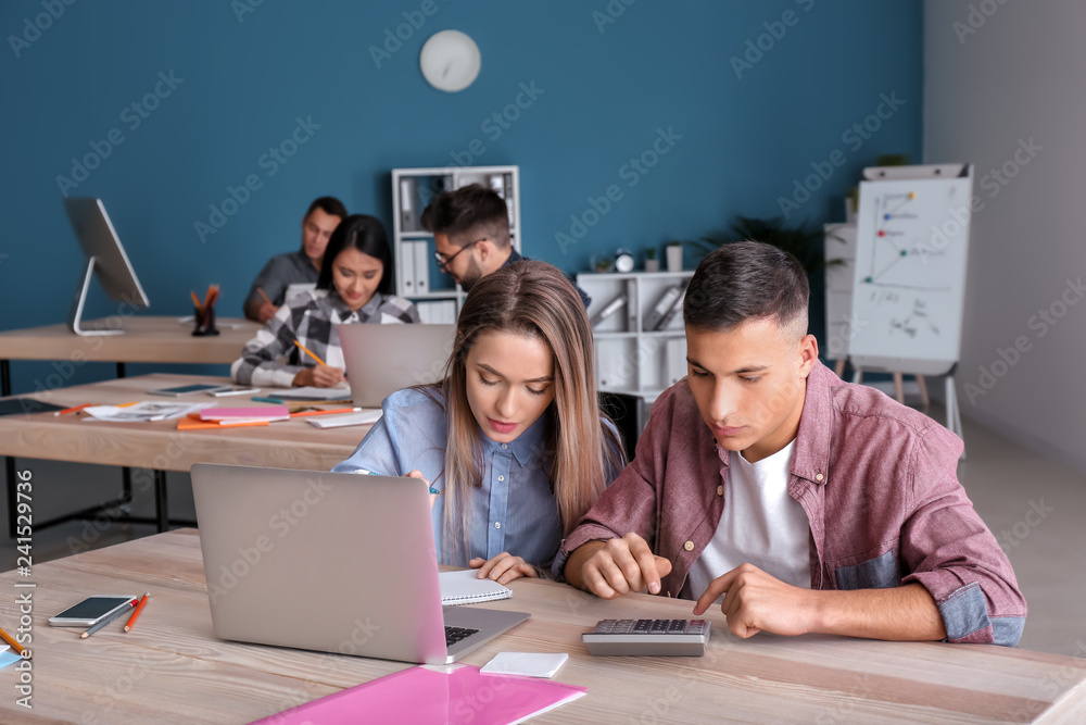 Fototapeta premium Young people studying with laptop at the university