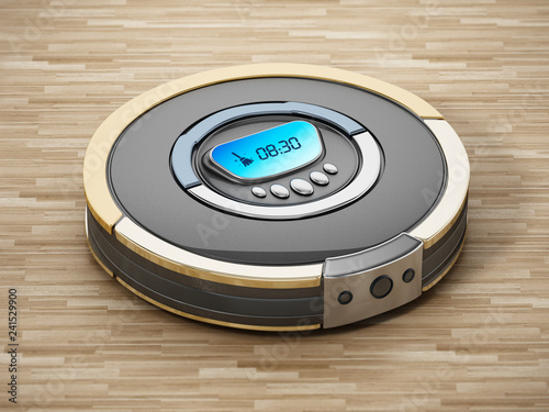 Automated vacuum cleaner on wooden floor. 3D illustration