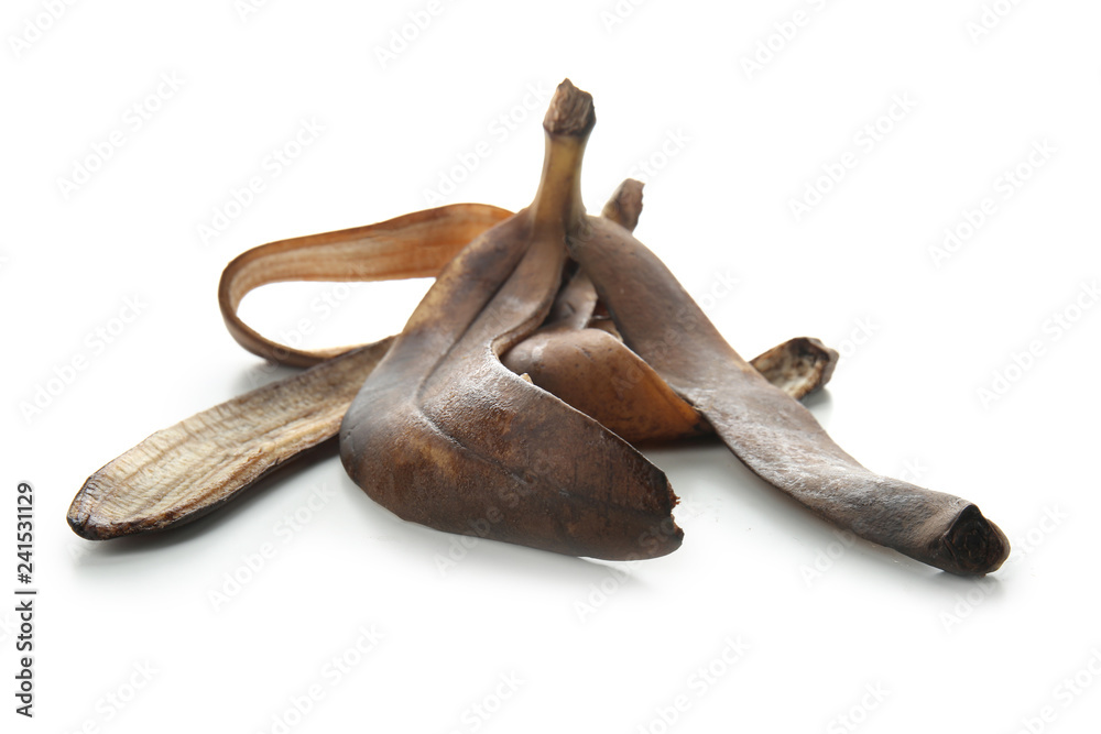 Banana peel on white background. Recycling concept Banana peel on white background. Recycling concept