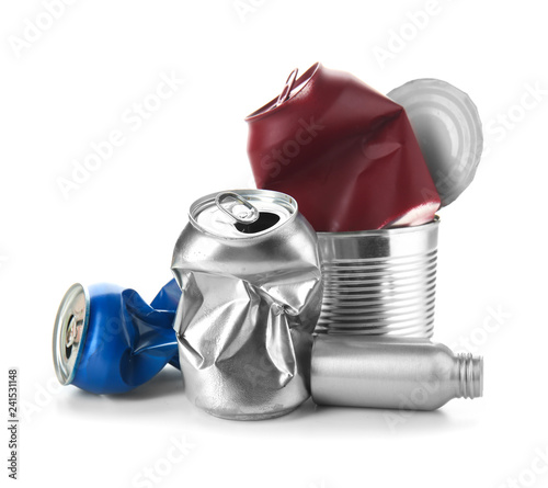 Used tin cans on white background. Recycling concept