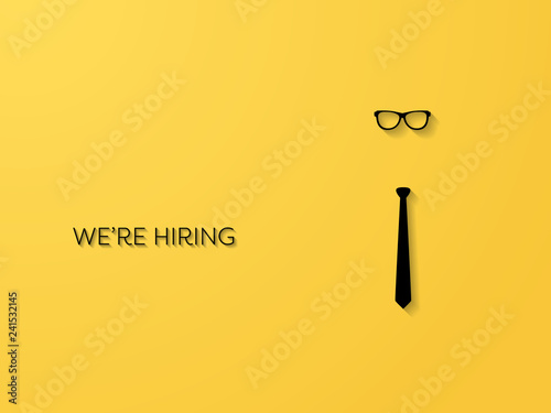 Hiring and recruitment poster or banner vector concept in mimimalist style with tie and glassses. Symbol of vacancies, job offers, career development, job advertisement.