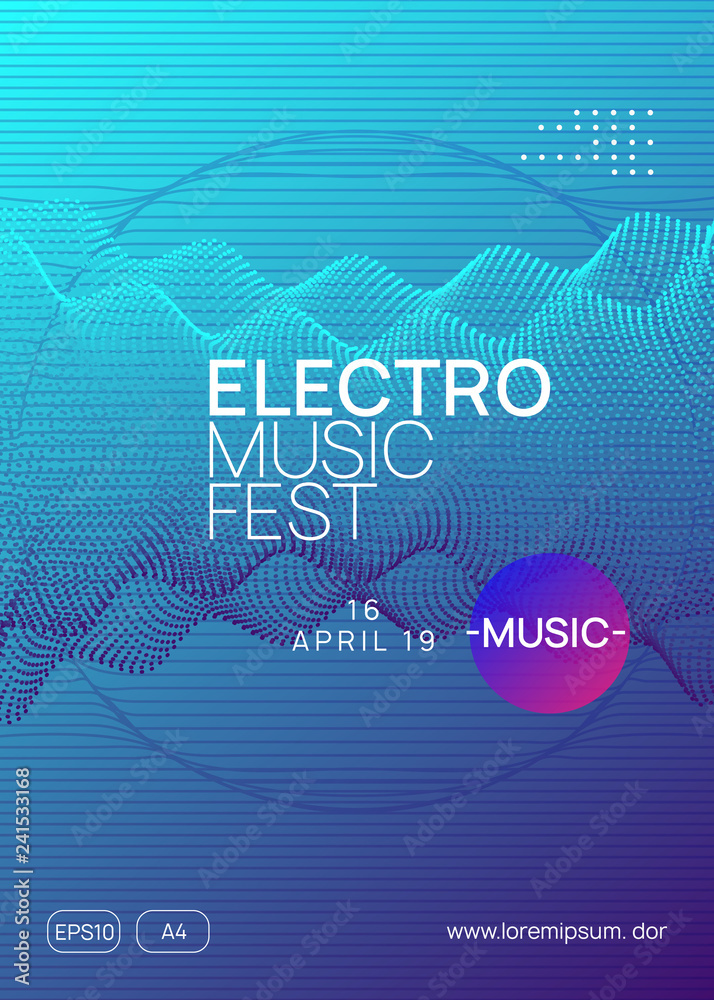 Electronic fest. Dynamic gradient shape and line. Creative discotheque cover template. Neon electronic fest flyer. Electro dance music. Trance sound. Club event poster. Techno dj party.