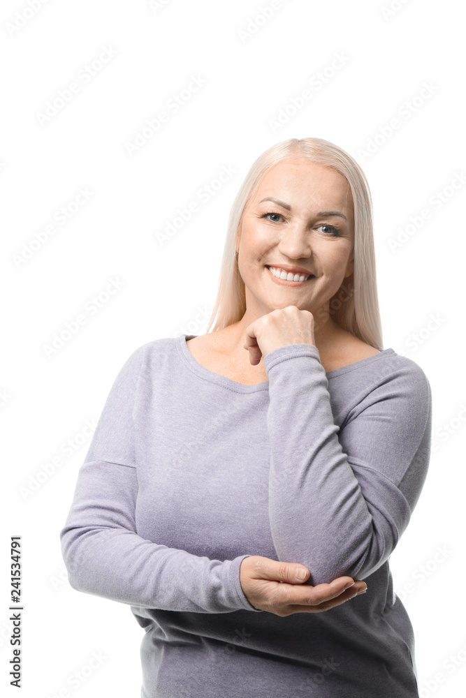 Portrait of beautiful mature woman on white background Portrait of beautiful mature woman on white background