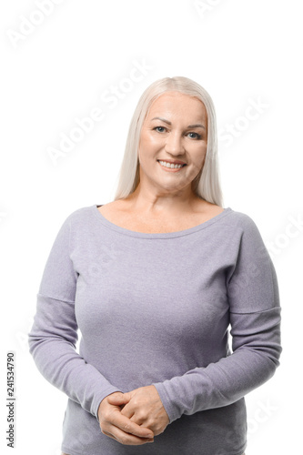 Portrait of beautiful mature woman on white background