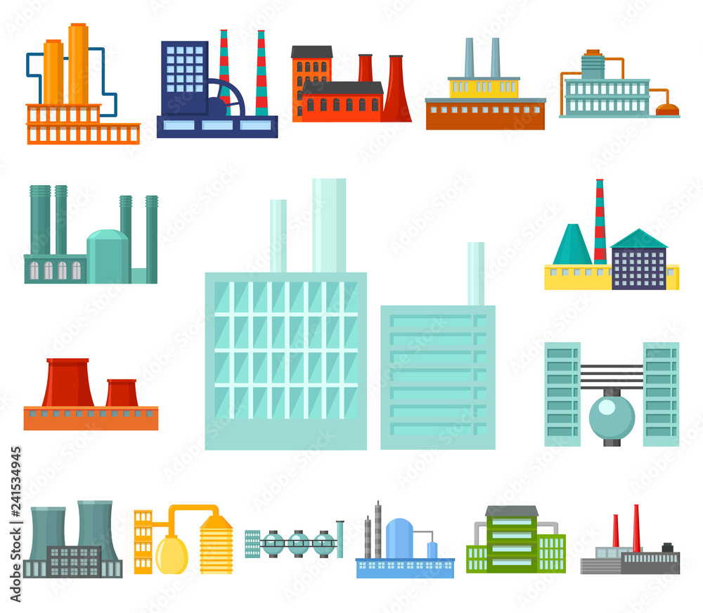 Factory and facilities cartoon icons in set collection for design. Factory and equipment vector symbol stock web illustration.