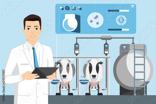 Internet of things on dairy farm. Herd management and automatic milking. Vector illustration