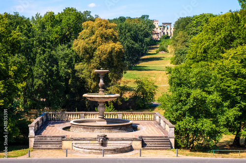 Potsdam, Germany - Panoramic view of the Ruinenberg hill with Rossbrunnen waterworks in the historic Bornstedt quarter of Potsdam