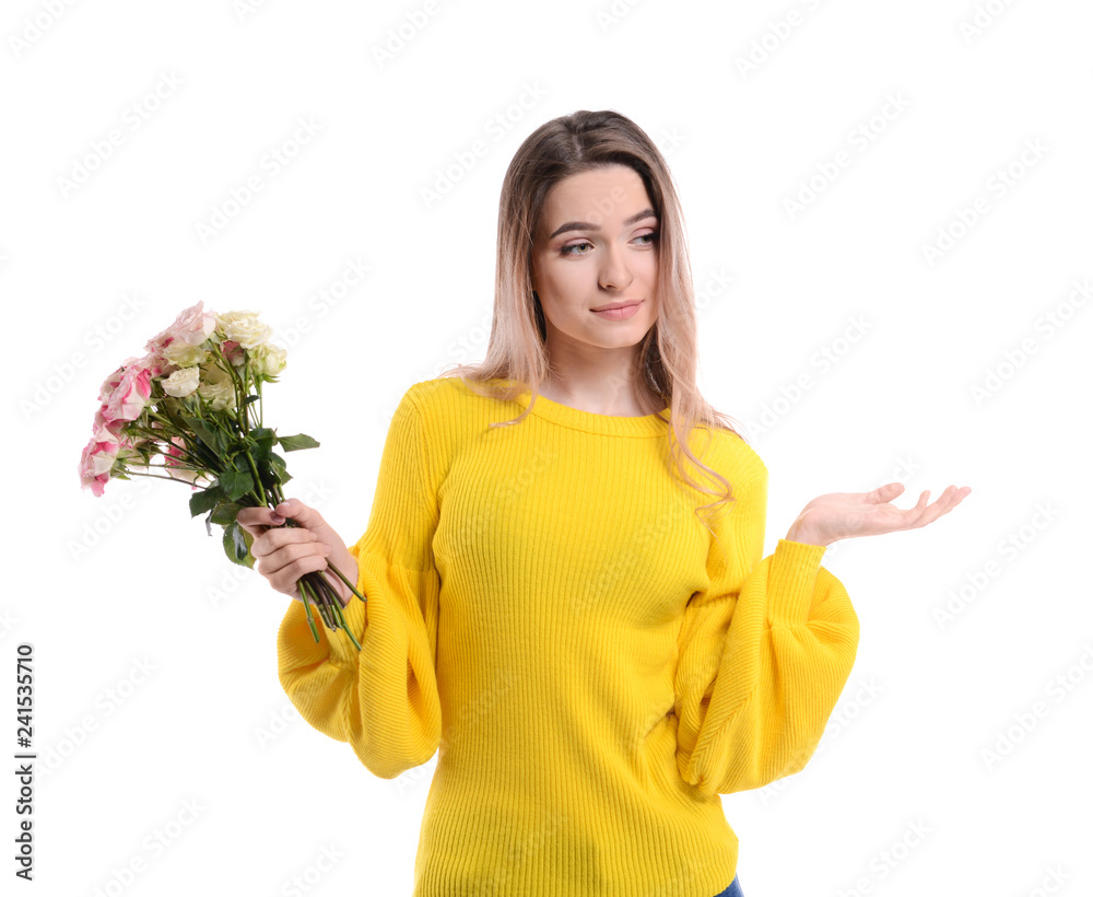 Beautiful young woman with bouquet of flowers on white background Beautiful young woman with bouquet of flowers on white background