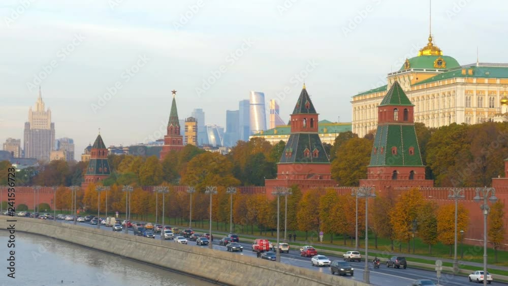 Moscow Kremlin, Grand Palace, on the background of the business center and car traffic Moscow Kremlin, Grand Palace, on the background of the business center and car traffic