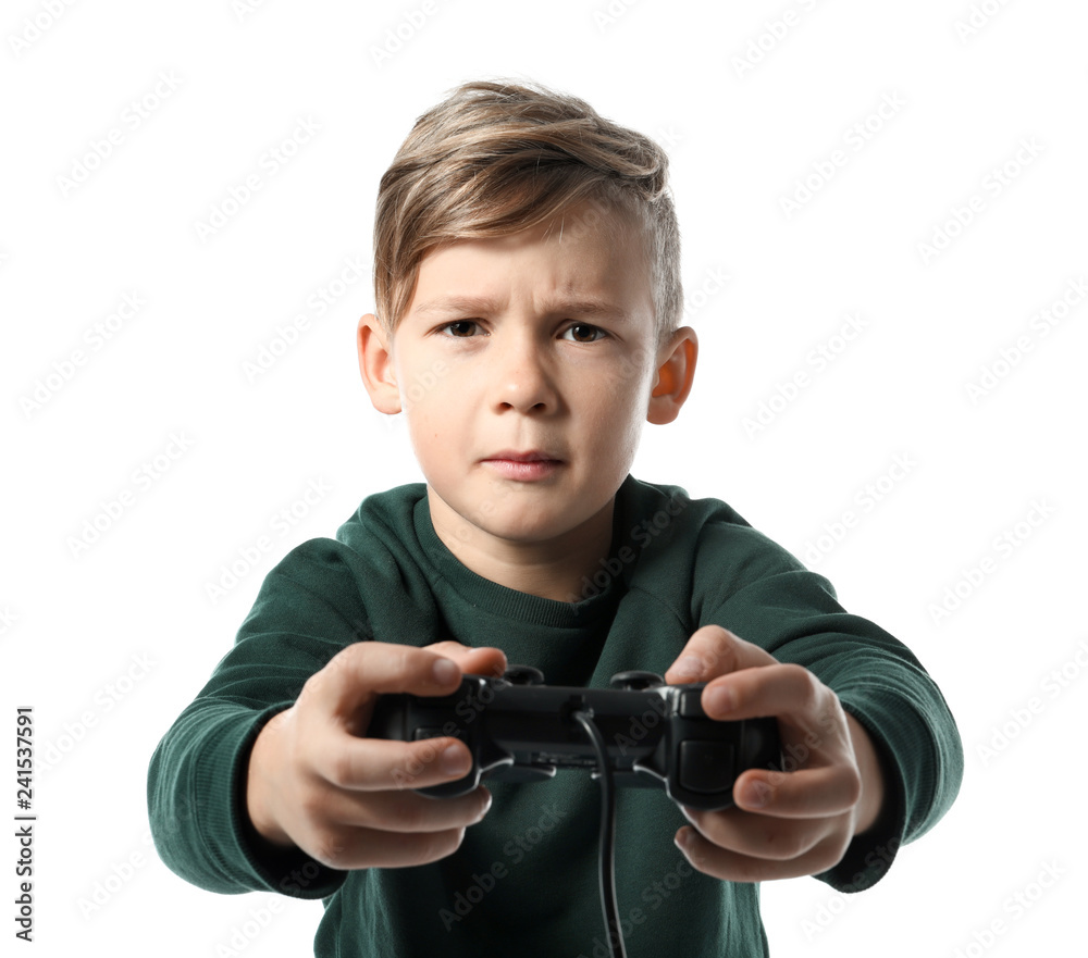 Emotional boy playing video game on white background Emotional boy playing video game on white background