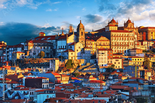Porto  Portugal. Sunset above old portuguese town scenic sky