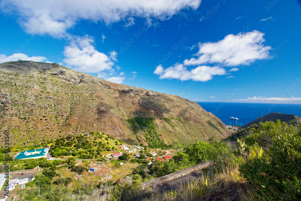View across the countryside towards Jamestown & James Bay, St Helena.