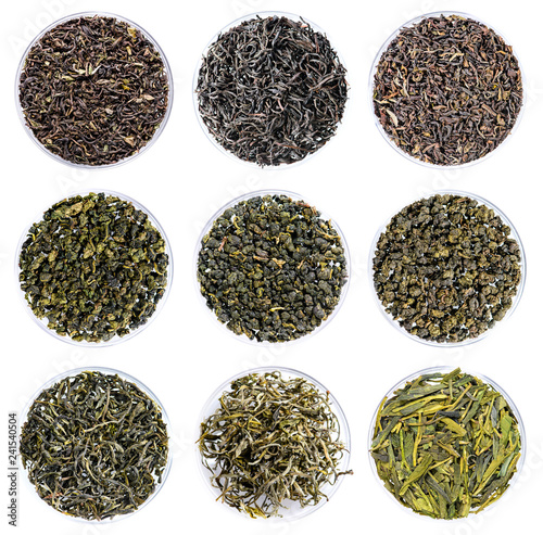 collection of green tea top view close-up set isolated on white background