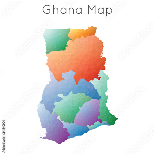 Low poly, geometric polygonal map of Ghana in a mosaic style.