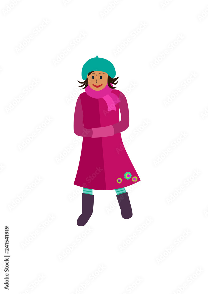 smiling and walking girl in winter clothes, modern clothes