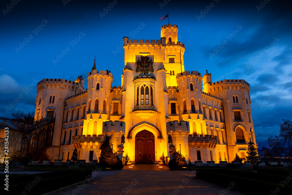 Night over Castle Hluboka nad Vltavou in Czech republic.