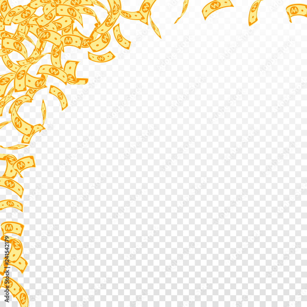 Obraz premium Korean won notes falling. Small WON bills on trans