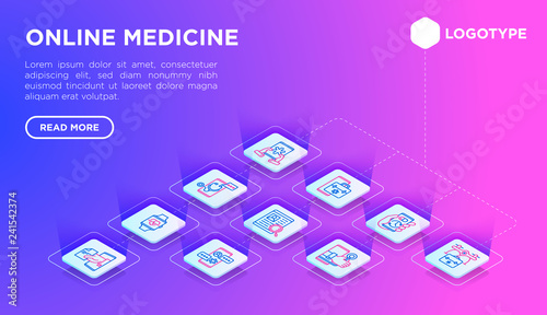 Online medicine web page template with thin line isometric icons: pill timer, ambulance online, medical drone, medical tracker, messenger, check symptoms, mobile consultant. Vector illustration.