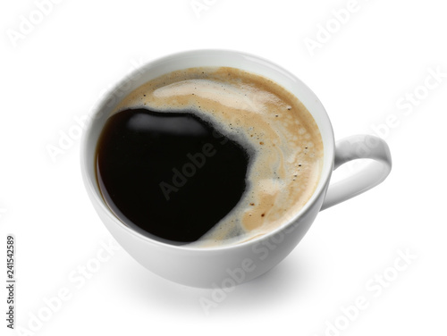 Cup of hot coffee on white background