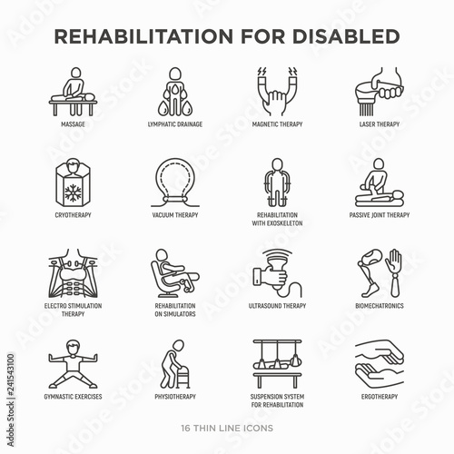 Rehabilitation for disabled thin line icons set: magnetic therapy, laser, massage, lymphatic drainage, exoskeleton, cryotherapy, physiotherapy, biomechatronics, suspension system. Vector illustration.