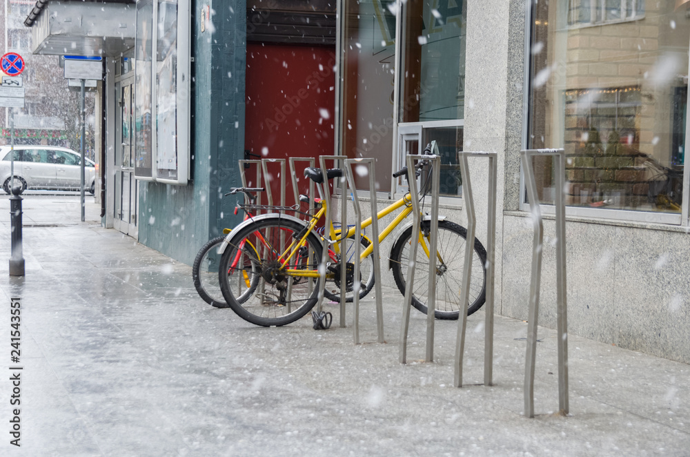 Fototapeta premium Warsaw bicycle parking at snowy winter day