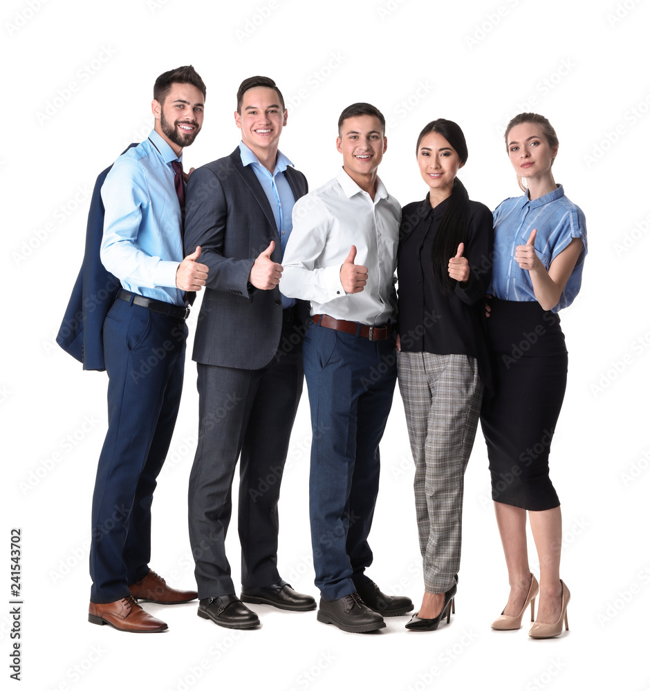 Young people showing thumb-up gesture on white background Young people showing thumb-up gesture on white background