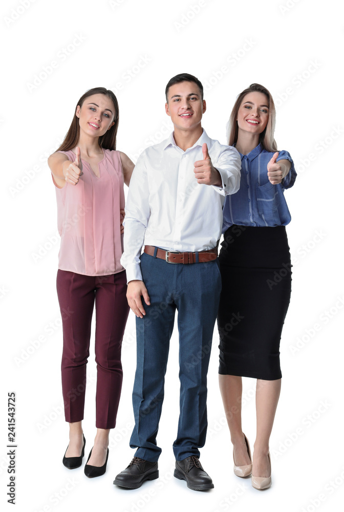 Young people showing thumb-up gesture on white background Young people showing thumb-up gesture on white background