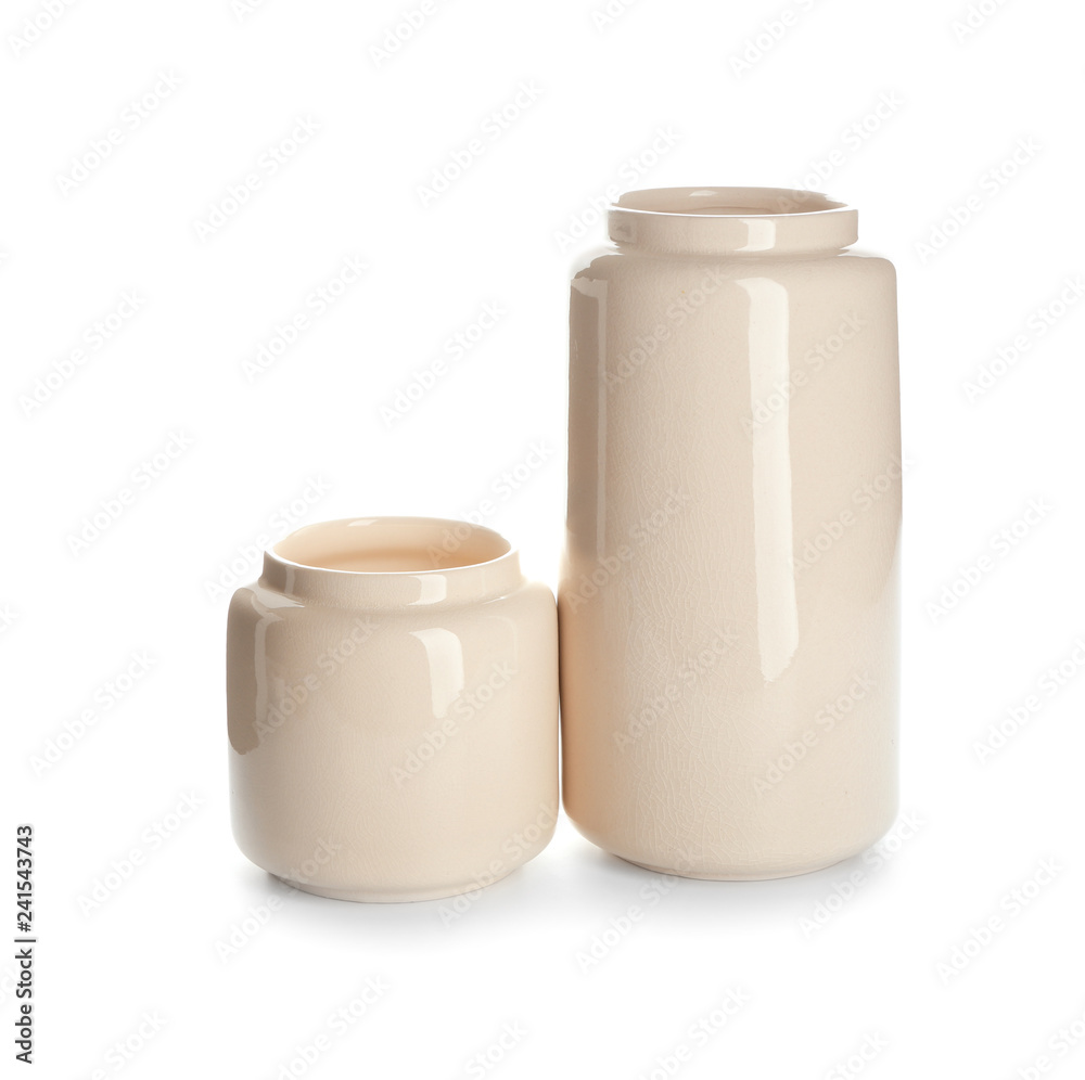Stylish ceramic vases on white background Stylish ceramic vases on white background