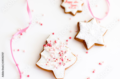 Christmas gingerbread cookies on white background.