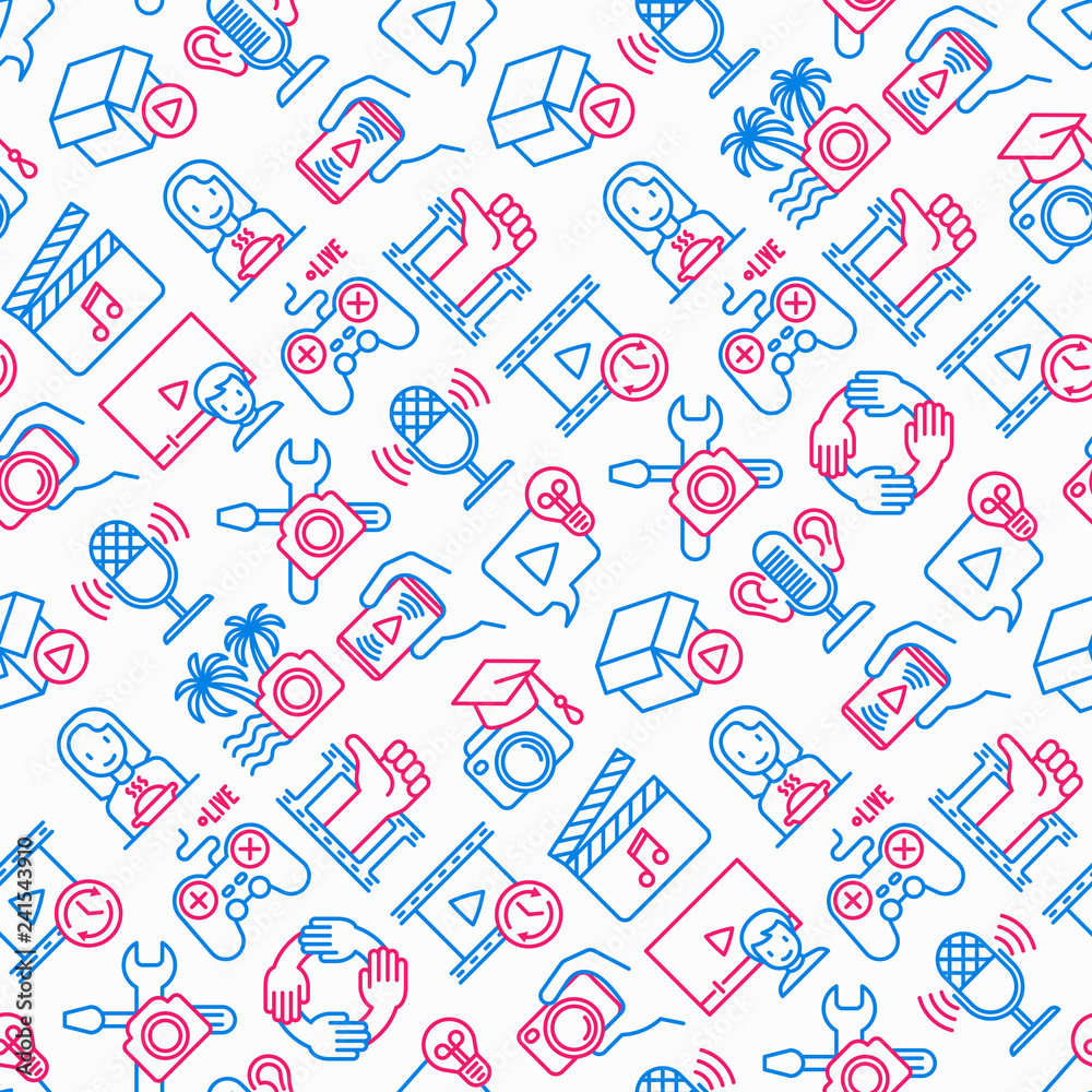 Video blogging seamless pattern with thin line icons: vlog, ASMR, mukbang, unboxing, DIY, stream game, review, collaboration, podcast, tips and tricks. Modern vector illustration. Video blogging seamless pattern with thin line icons: vlog, ASMR, mukbang, unboxing, DIY, stream game, review, collaboration, podcast, tips and tricks. Modern vector illustration.
