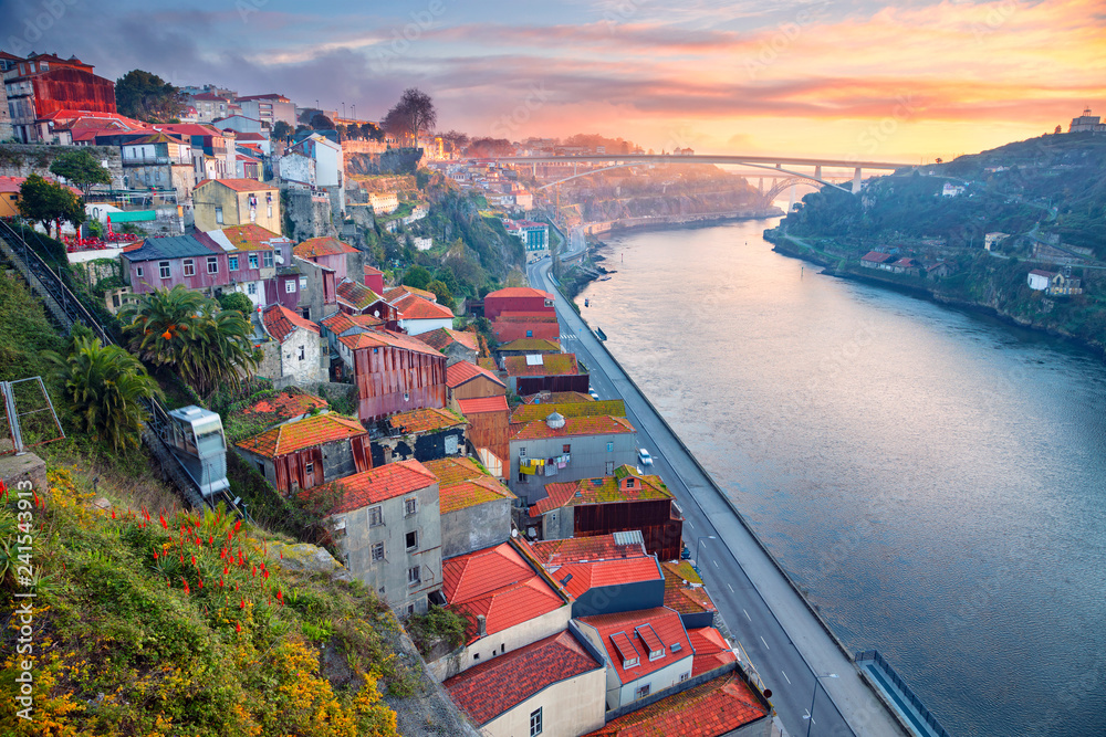 Porto, Portugal. Cityscape image of Porto, Portugal with Douro River during sunrise.	