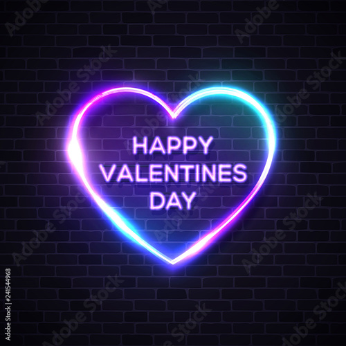 Happy Valentines Day. Neon letters on heart shape glowing background. 80s retro banner template. Night club electric light signboard. Dark brick wall. Party invitation poster flyer vector illustration