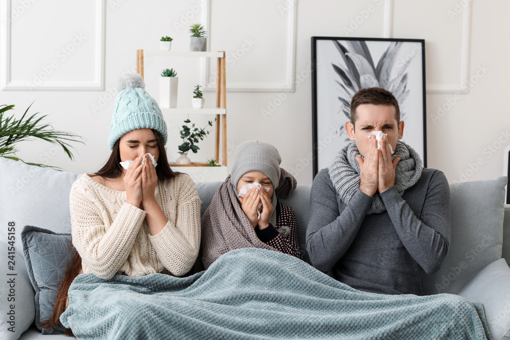 Family ill with flu at home - obrazy, fototapety, plakaty 