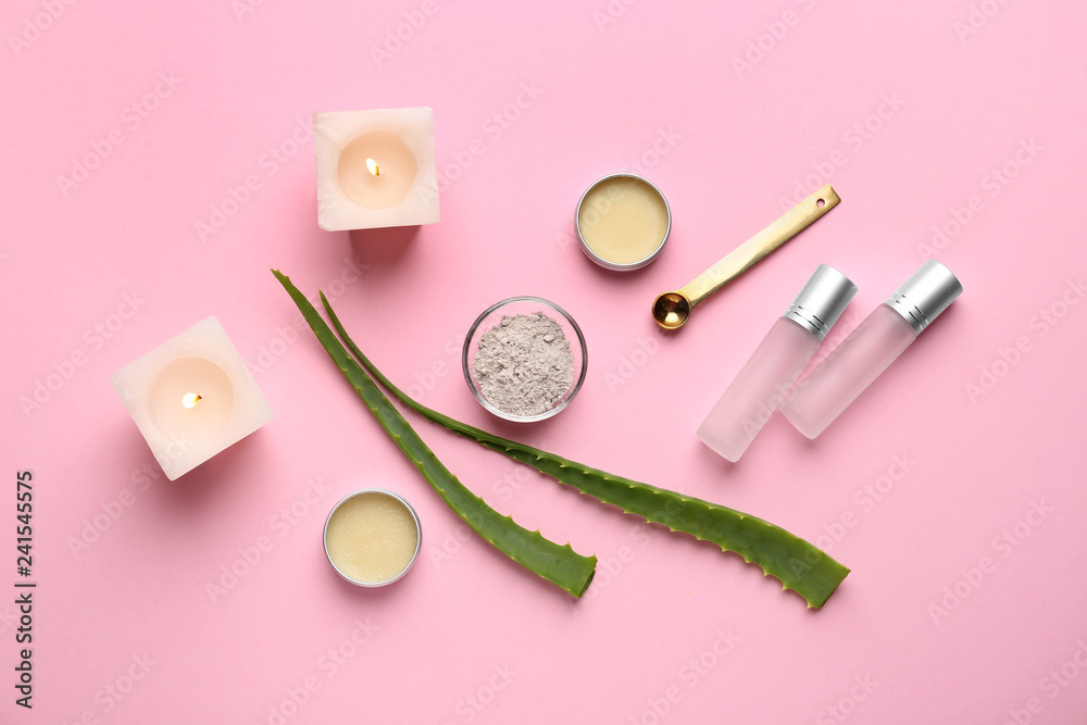 Composition with natural ingredients for facial mask on color background