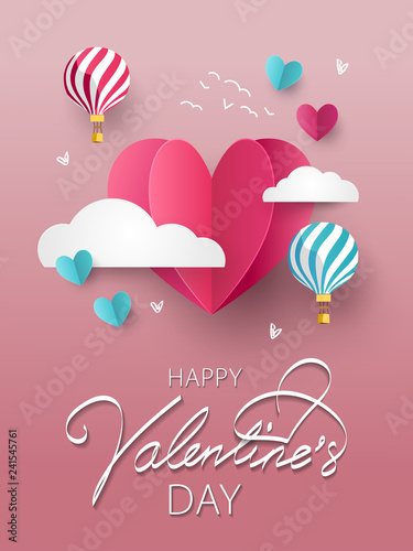 Vector illustration of Love and Happy Valentine’s Day. Festive Design banner, greeting card or poster. Flying Origami Hearts over clouds with air balloons in the sky. Paper art, digital craft style. 