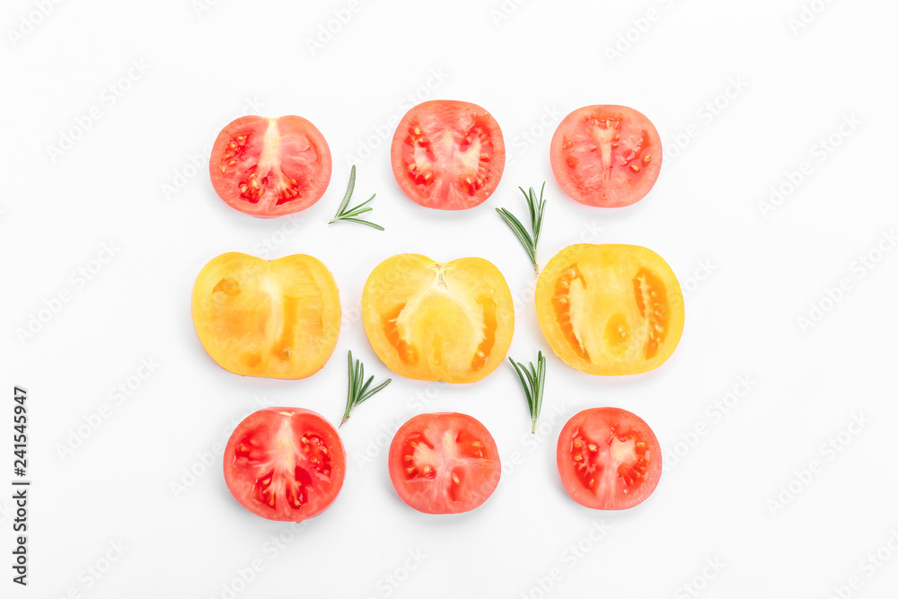 Cut tomatoes on white background, flat lay Cut tomatoes on white background, flat lay