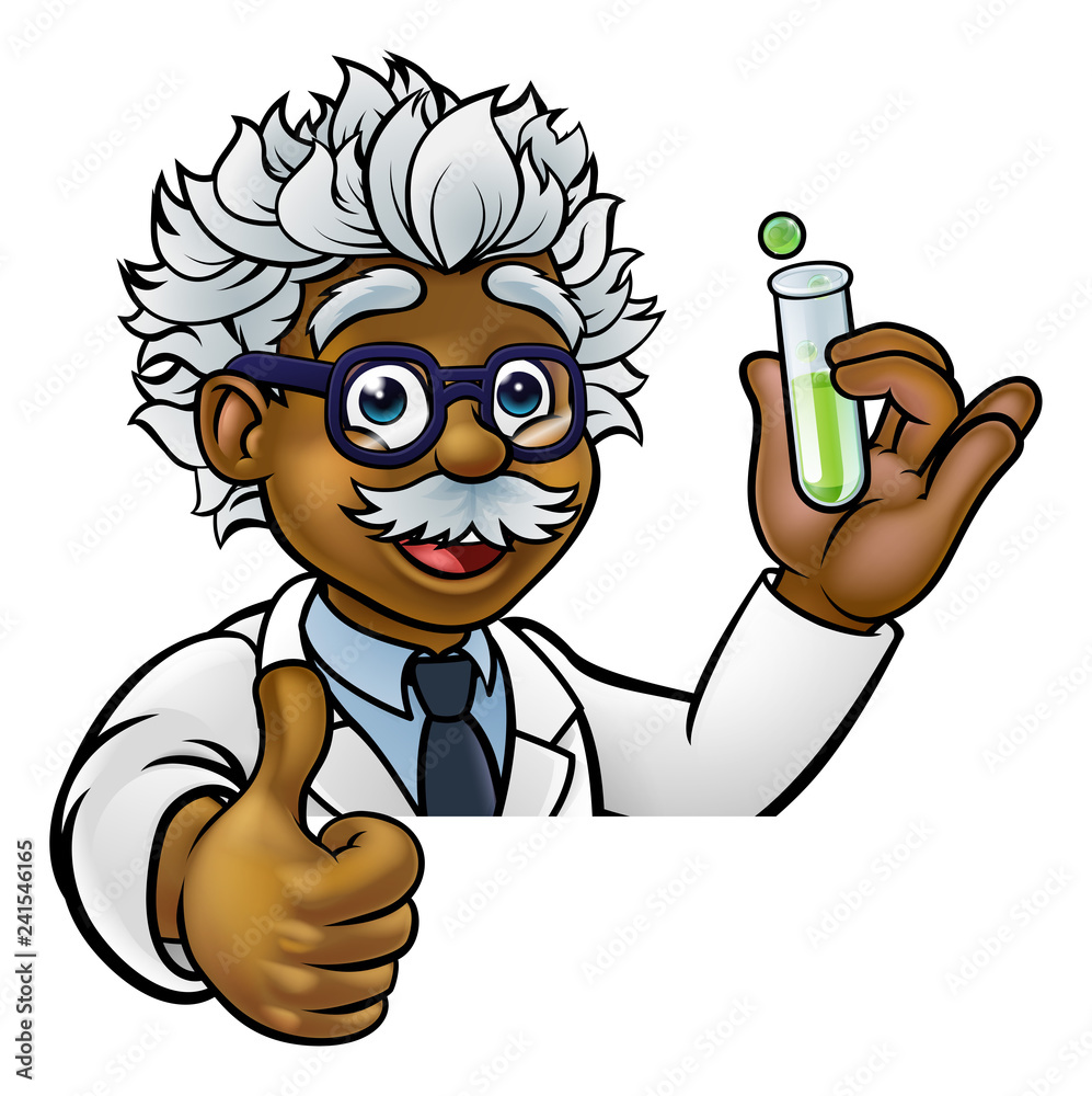 A cartoon scientist professor wearing lab white coat peeking above sign  with a test tube and giving a thumbs up Stock Vector | Adobe Stock