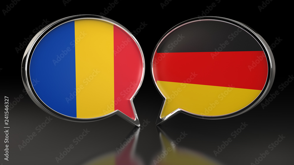 Fototapeta premium Romania and Germany flags with Speech Bubbles. 3D illustration