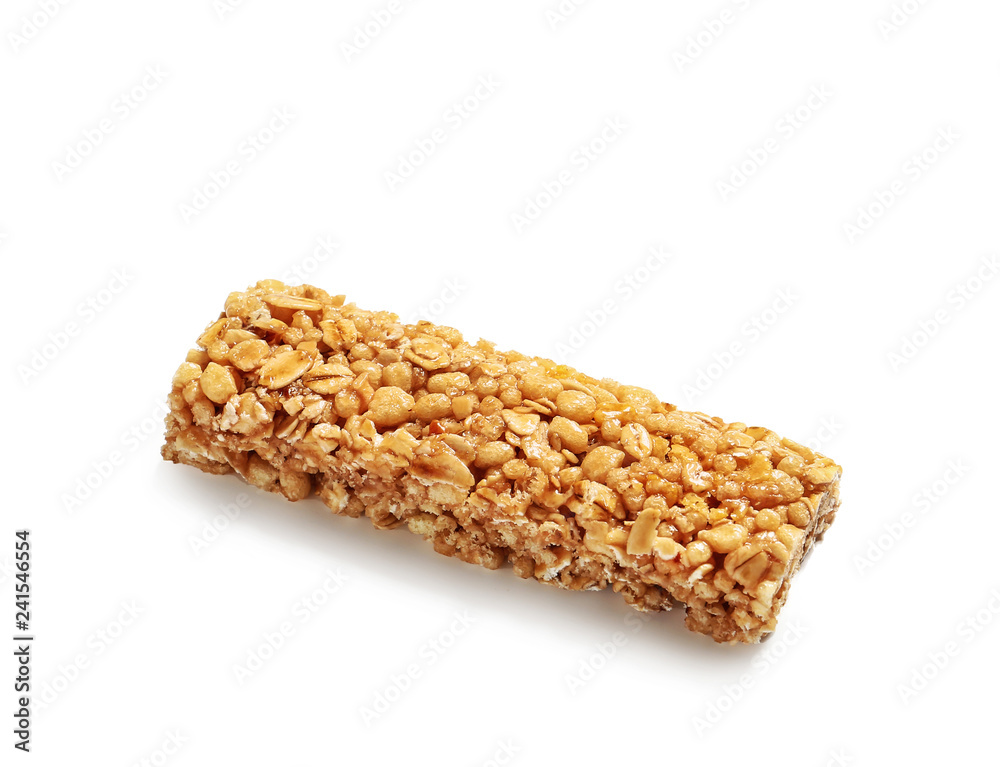 Tasty granola bar on white background Tasty granola bar on white background