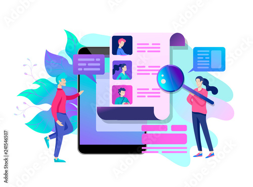 Concept Human Resources and selection candidates, banner, presentation, social media, documents. Recruitment for web page. Vector illustration filling out resumes, hiring employees