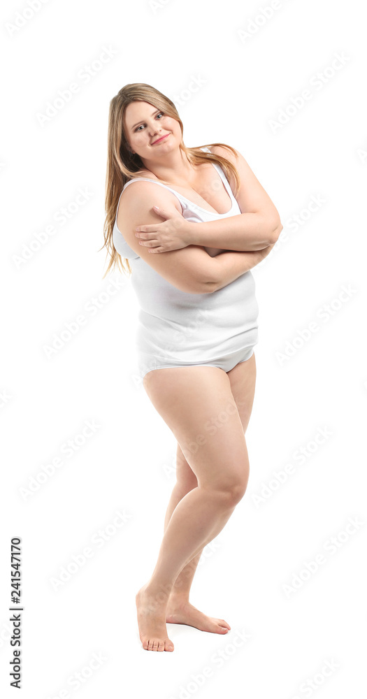 Beautiful plus size girl in underwear on white background. Concept of body positivity