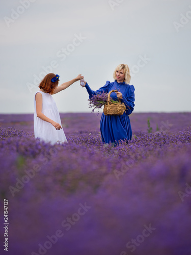 Fototapeta Naklejka Na Ścianę i Meble -  Two girls in blue and white dresses posing in a lavender field.
