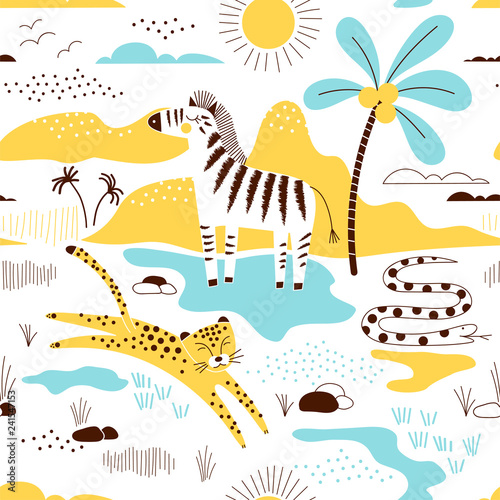 wild savannah park with zebra, leopard and snake pattern, safari seamless background, summer kids and nursery fabric textile print