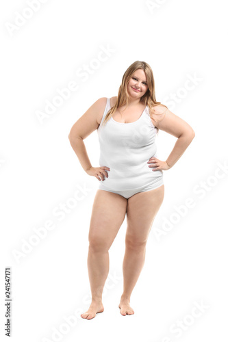Beautiful plus size girl in underwear on white background. Concept of body positivity © Pixel-Shot