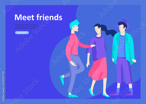 Landing page templates. Vector people happy friends character teenagers with gadgets are walking and chatting, meet new people, chat with old friends and make new. Colorful flat illustration