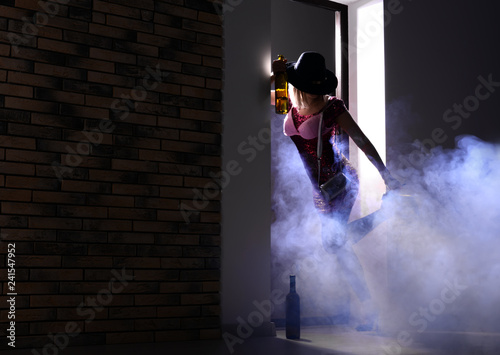 Canvas Print Young drunk woman after party at home. Concept of alcoholism