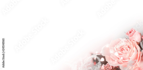 Flowers bouquet close up. Decoration made of roses and decorative plants. Place for text.