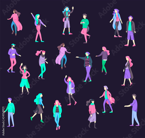 Vector people character walking on the street in autumn or winter clothes, friends and couples. Colorful Group of male and female flat cartoon characters