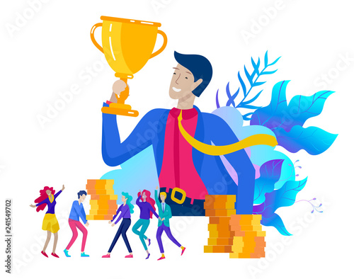 Business Team Success hold Golden winner cup, concept of people are happy with victory. Office Workers Celebrating with Big Trophy, ways goals, first place in business, financial growth. Landing page